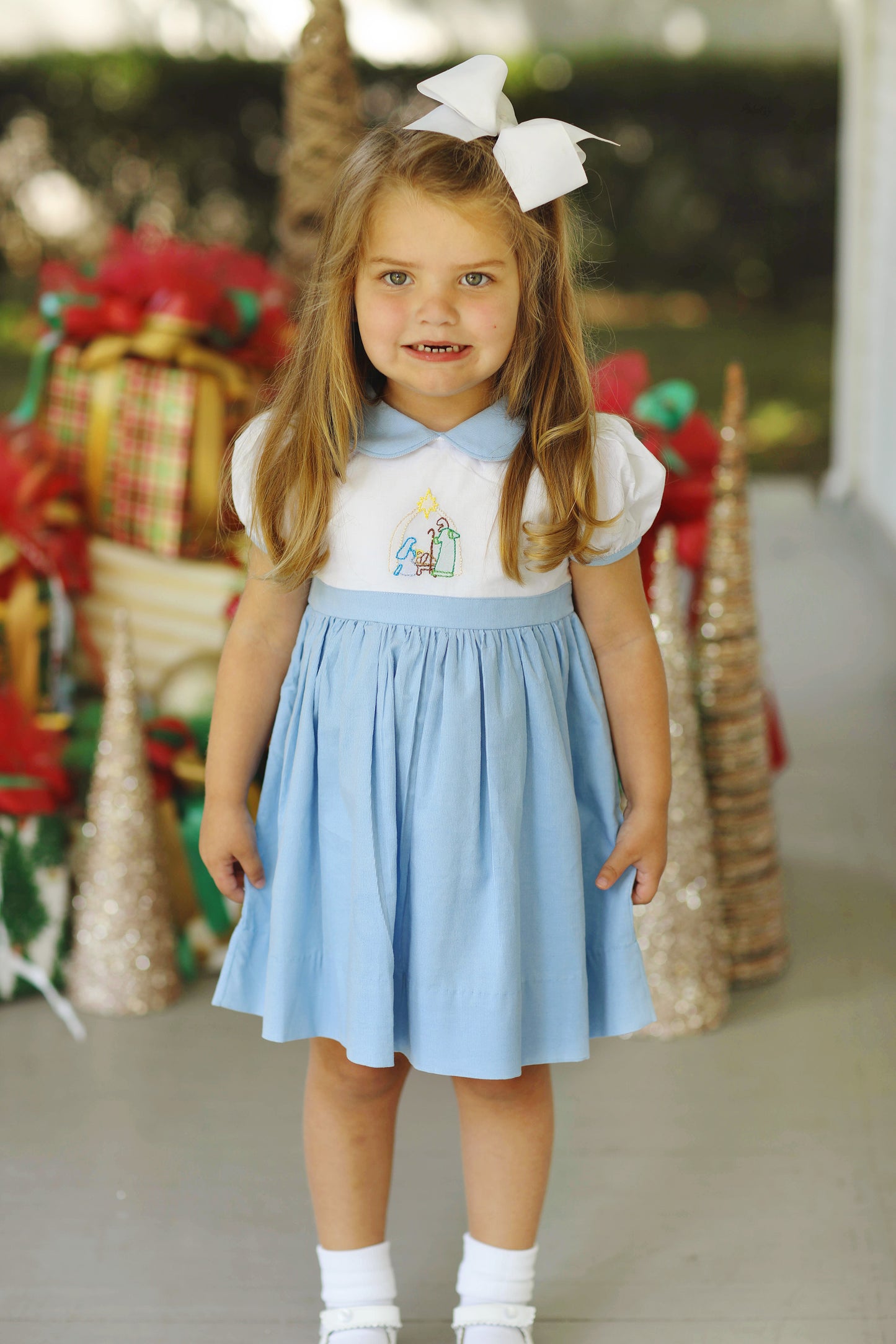 Nativity Shadow Embroidery Blue Corduroy Ruffle Dress