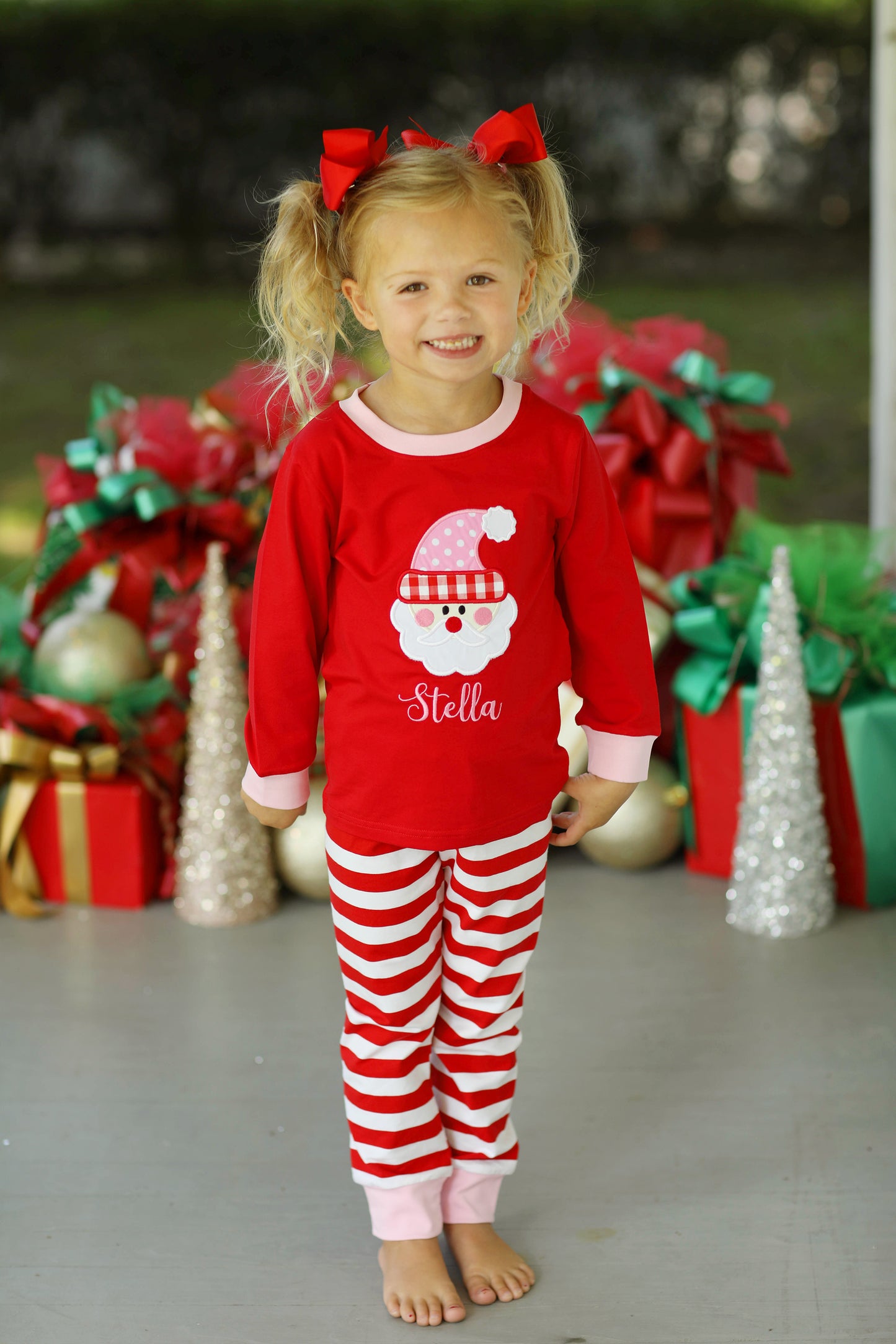 Santa Applique Red Stripe Pink Trim Knit Pajamas