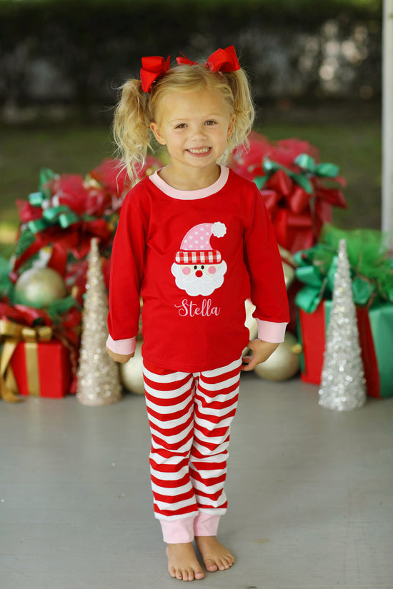 Santa Applique Red Stripe Pink Trim Knit Pajamas