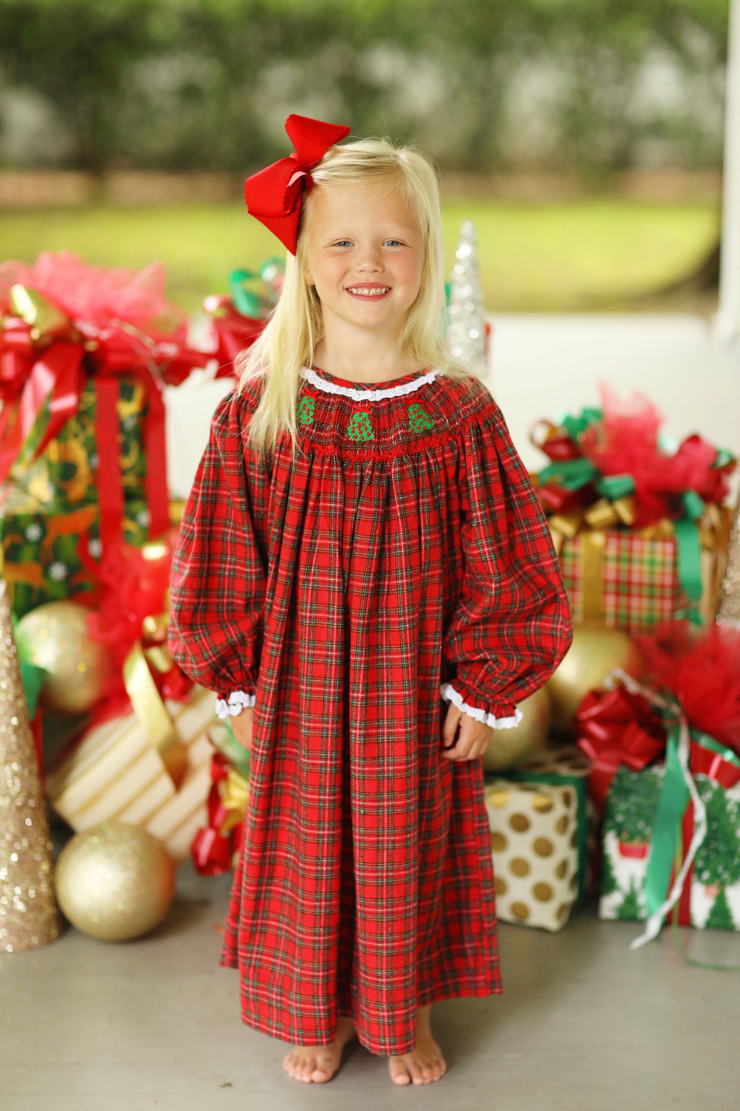 Christmas Tree Smocked Eyelet Lace Red Tartan Dress