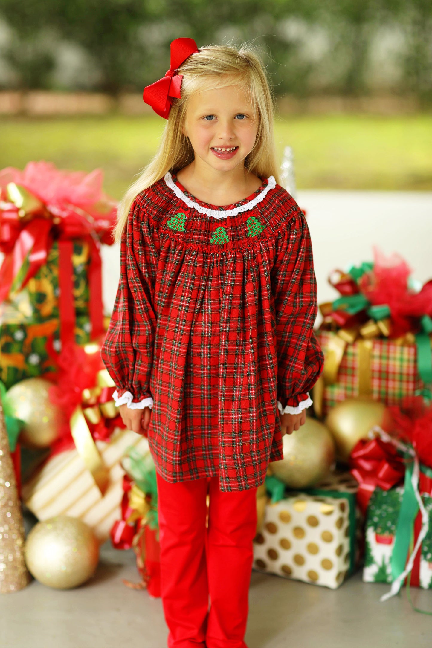 Christmas Tree Smocked Eyelet Lace Red Tartan Legging Set