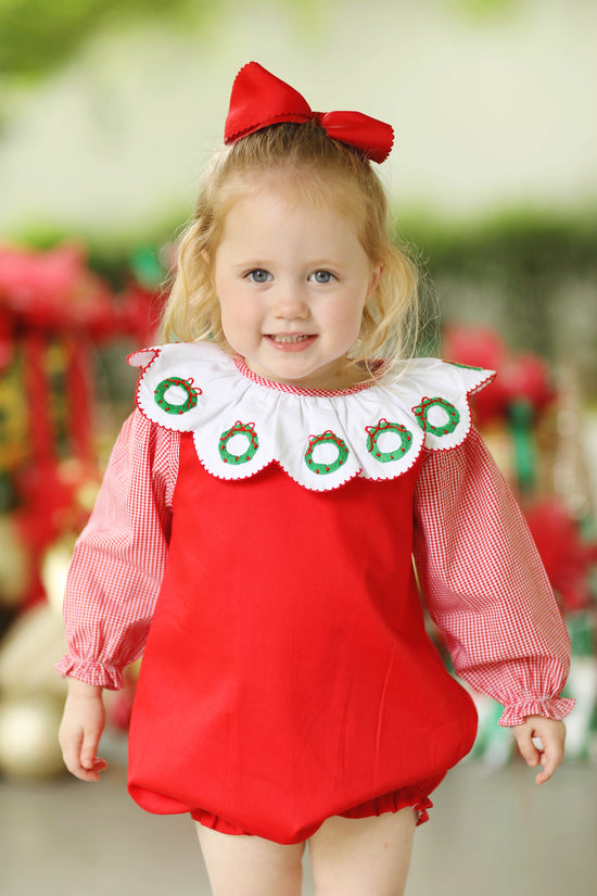 Wreath Embroidered Petal Bib Red Ruffle Bubble Set