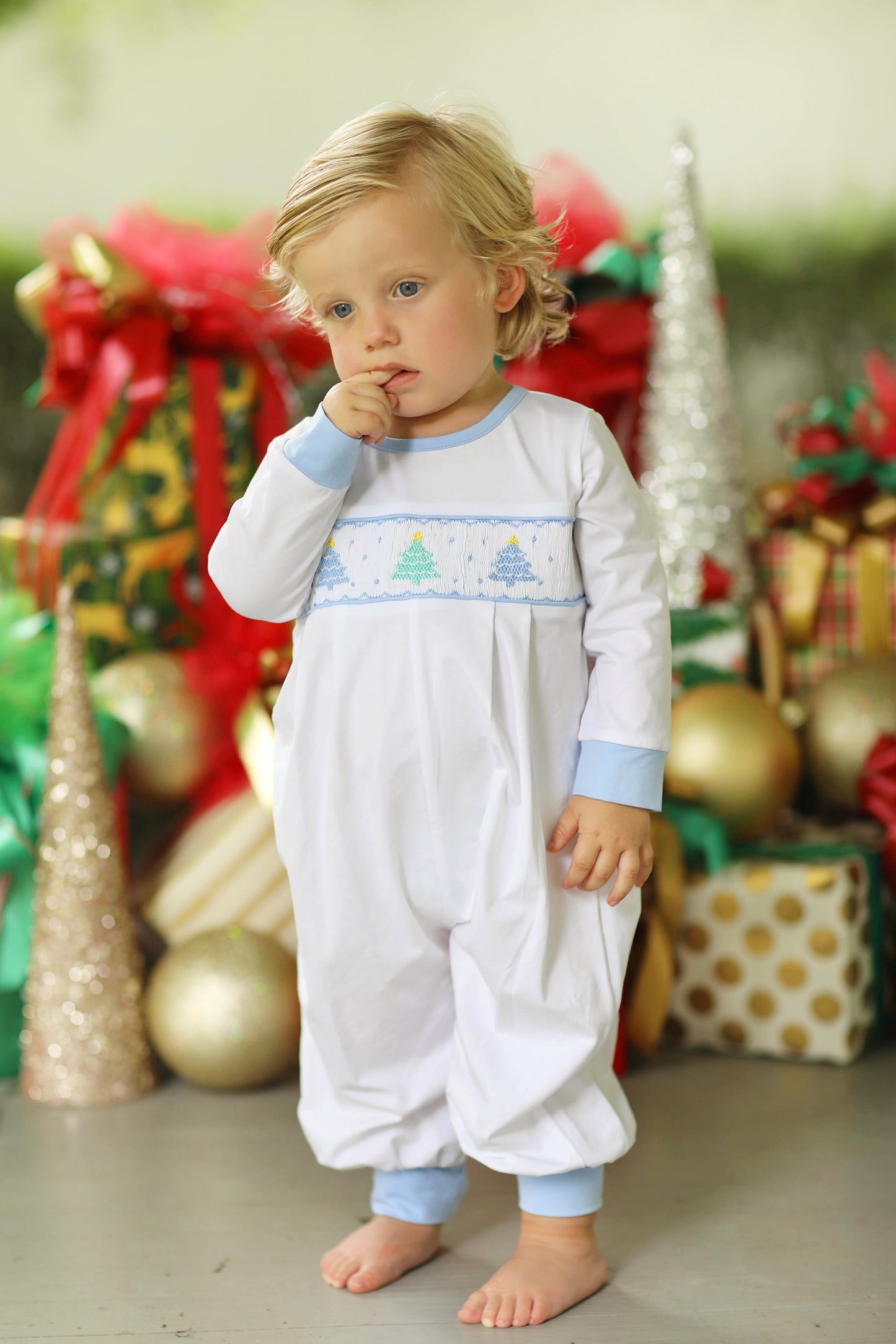 Pastel Christmas Tree Smocked Blue Knit Romper