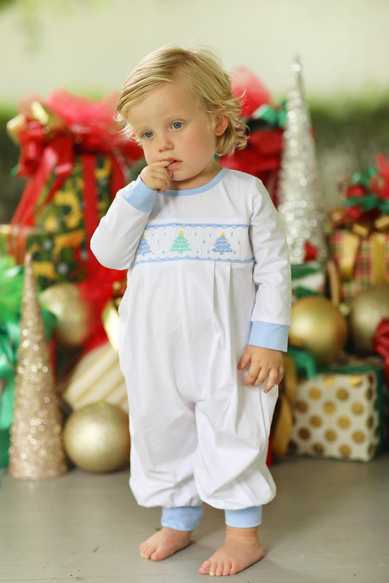 Pastel Christmas Tree Smocked Blue Knit Romper