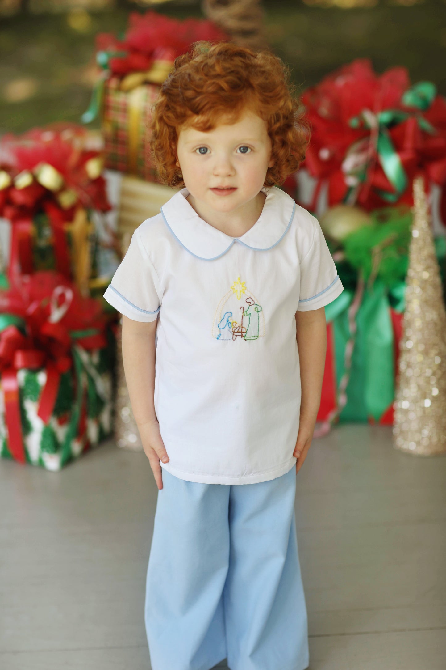 Nativity Shadow Embroidery Blue Corduroy Collared Pant Set