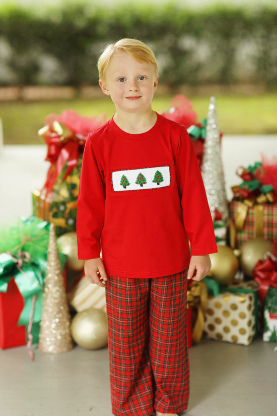 Christmas Tree Smocked Red Tartan Pant Set