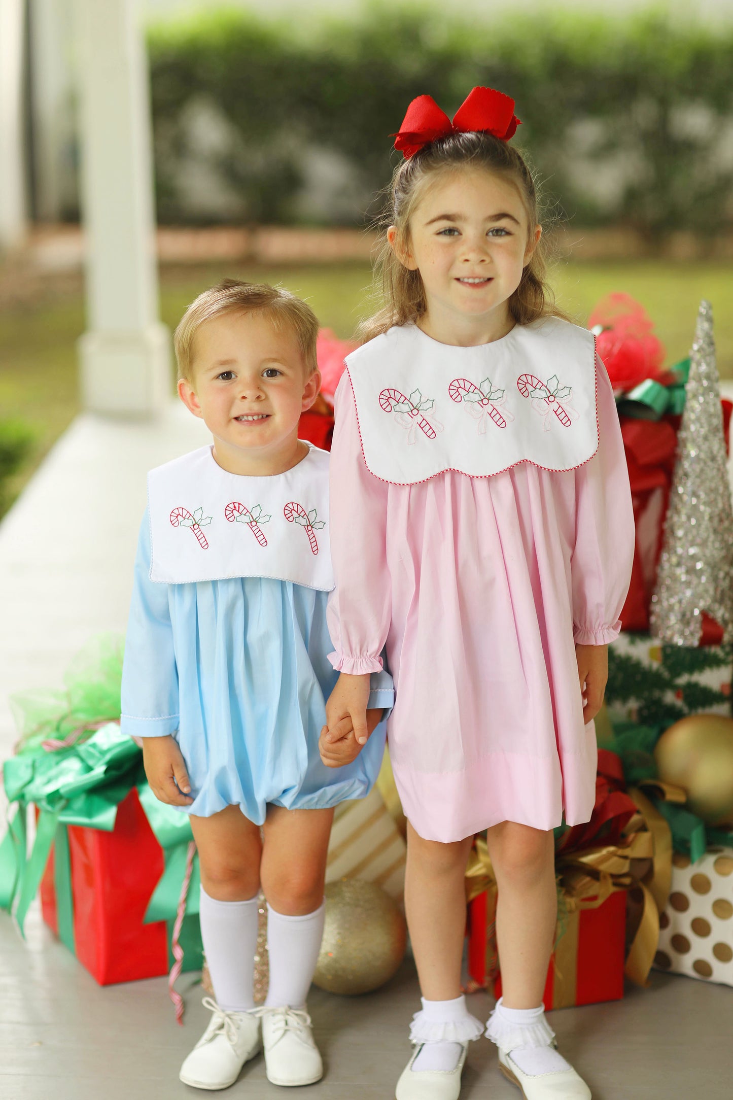 Candy Cane Pink Bow Embroidered Pink Scalloped Bib Dress
