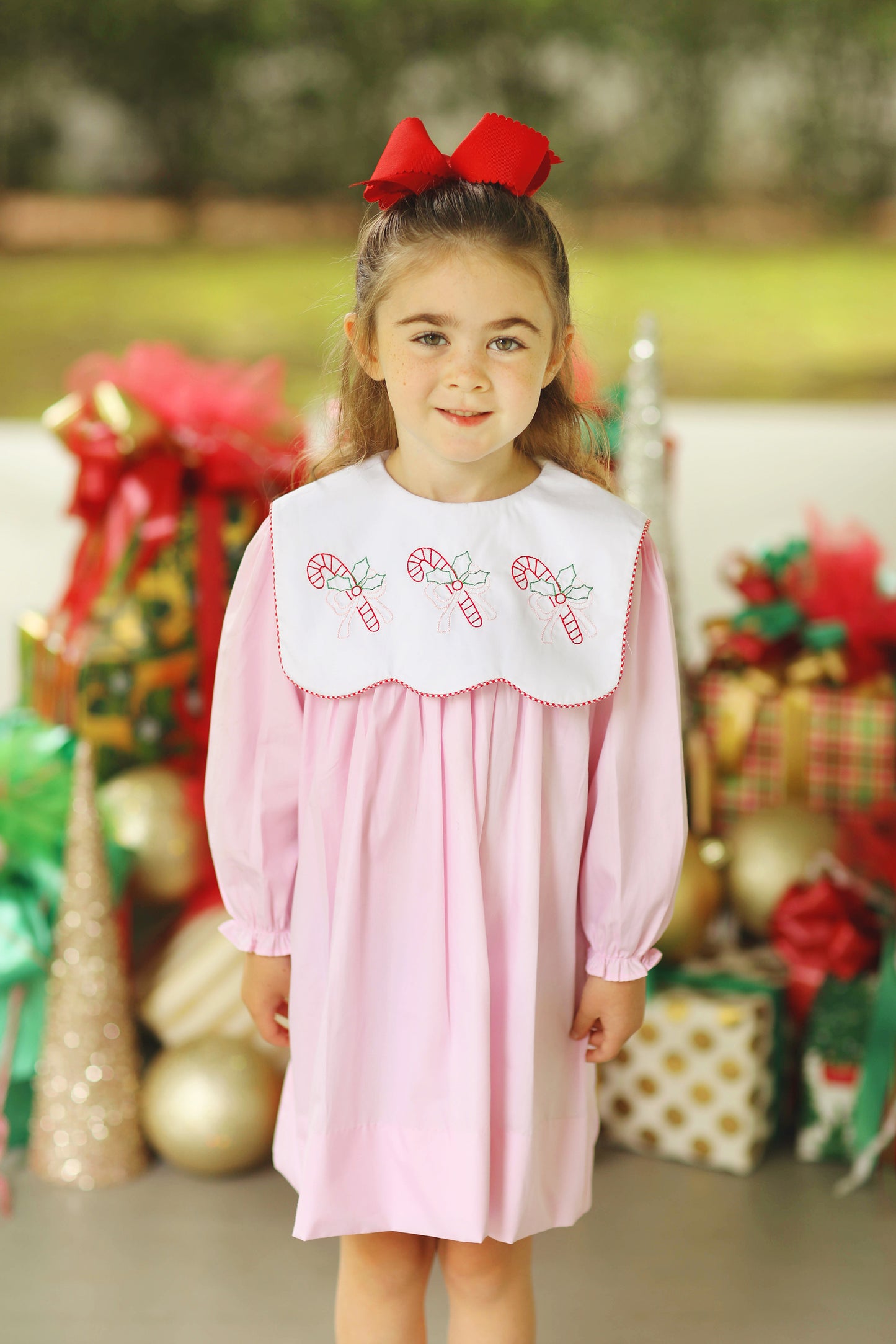 Candy Cane Pink Bow Embroidered Pink Scalloped Bib Dress