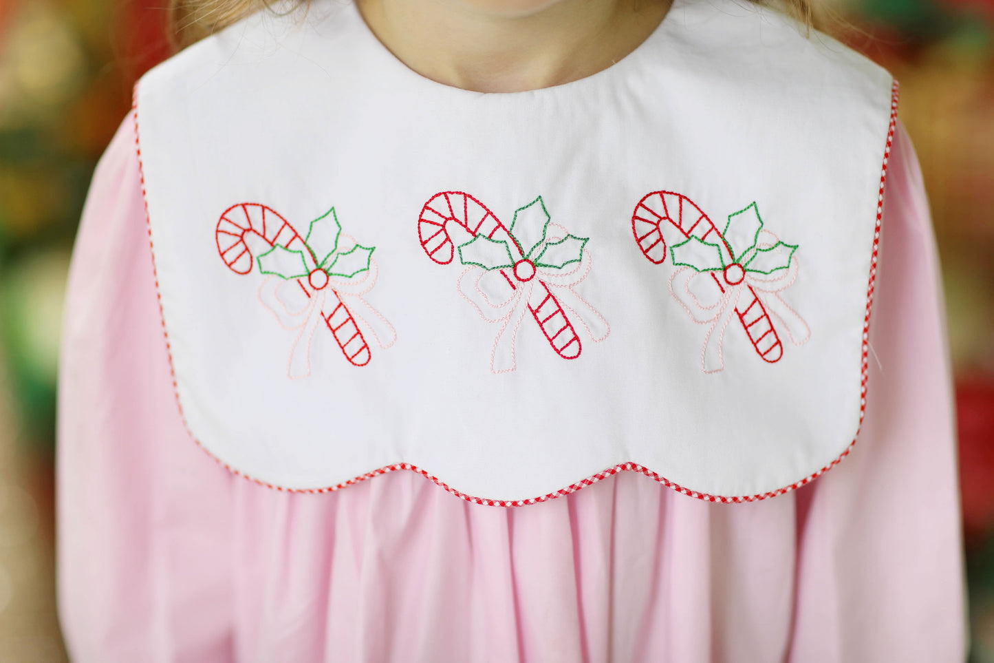 Candy Cane Pink Bow Embroidered Pink Scalloped Bib Dress