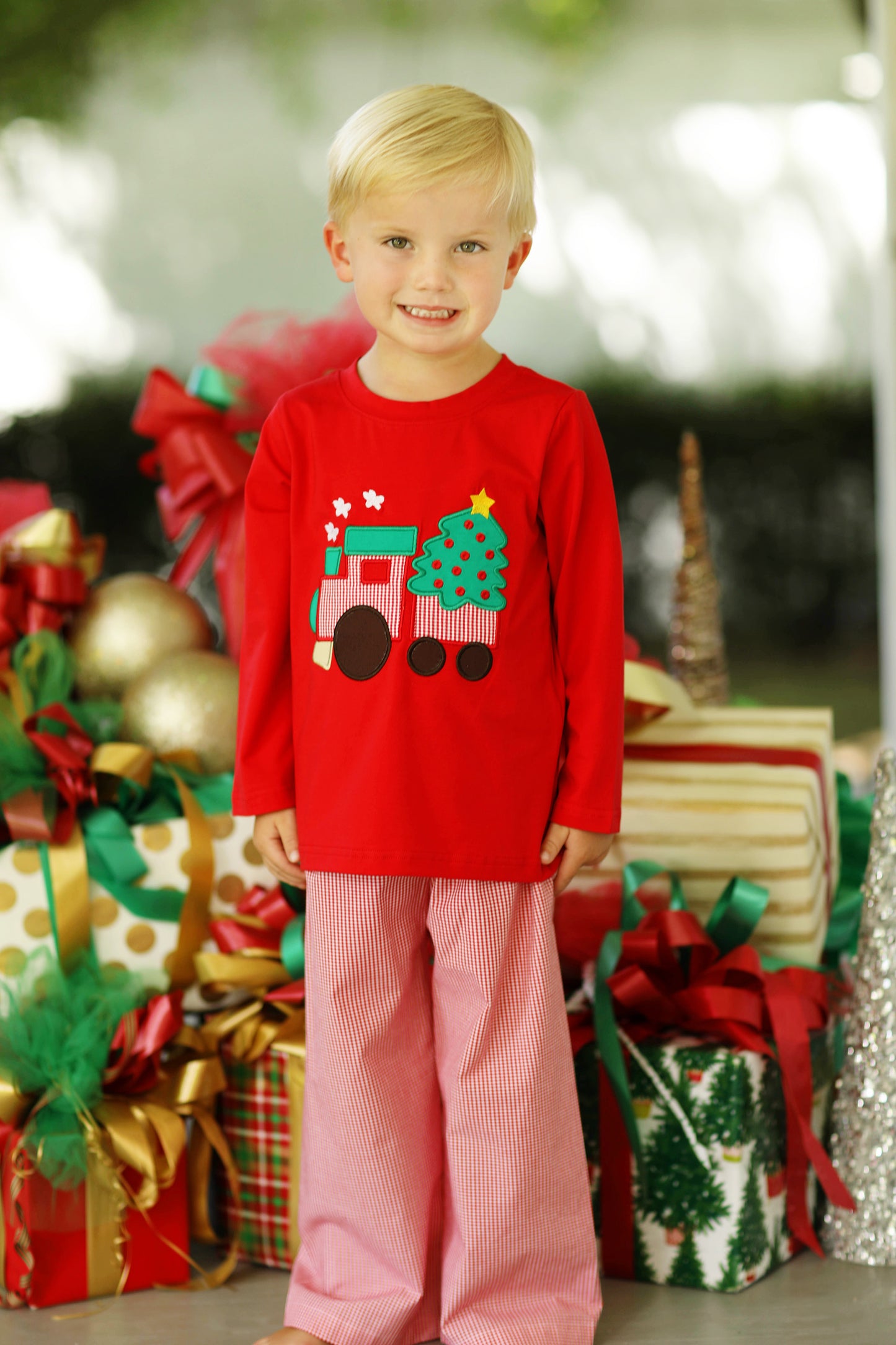 Christmas Truck Applique Red Gingham Pant Set