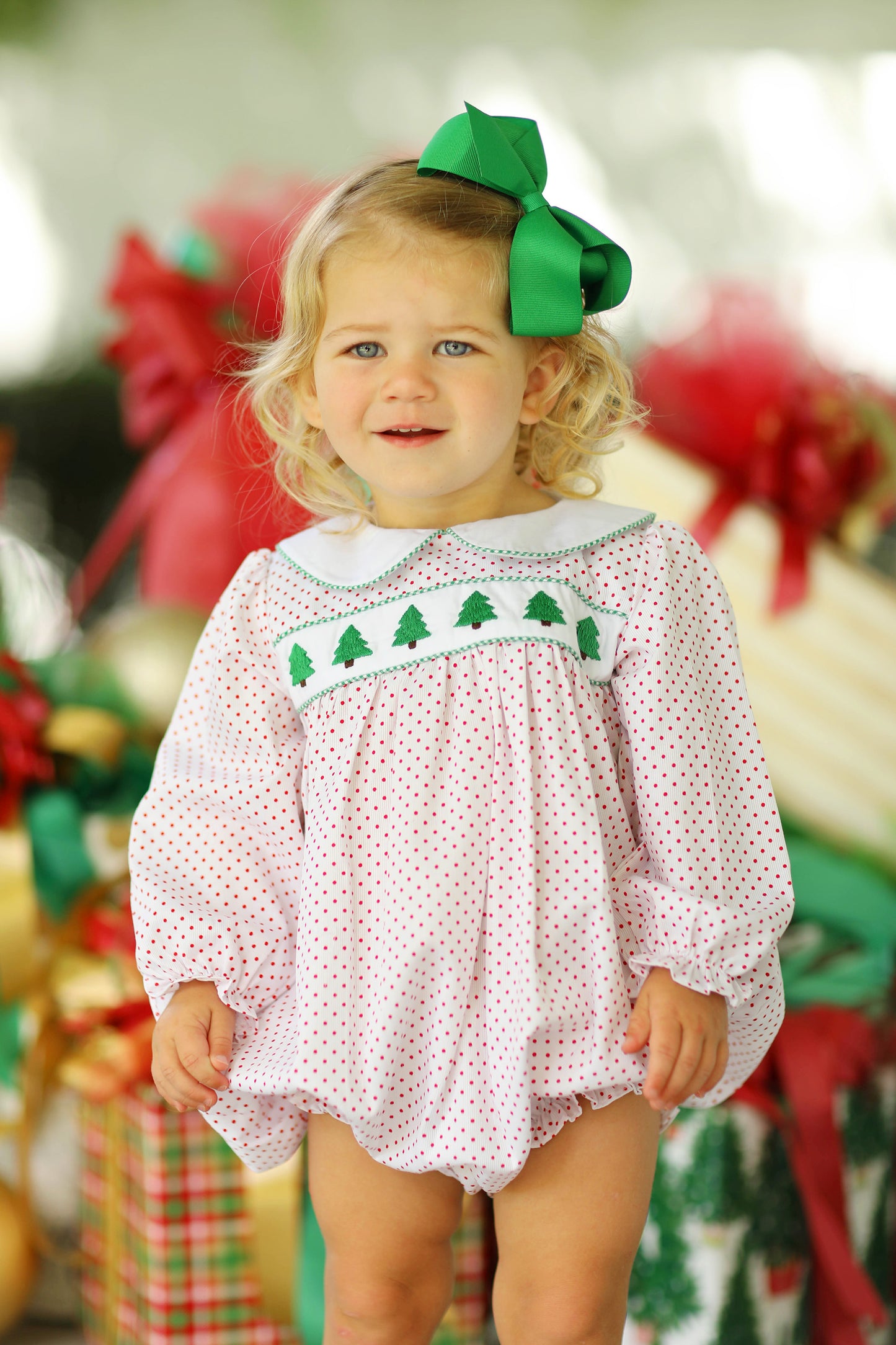 Christmas Tree Embroidered Red Bitty Dot Girl Ruffle Bubble