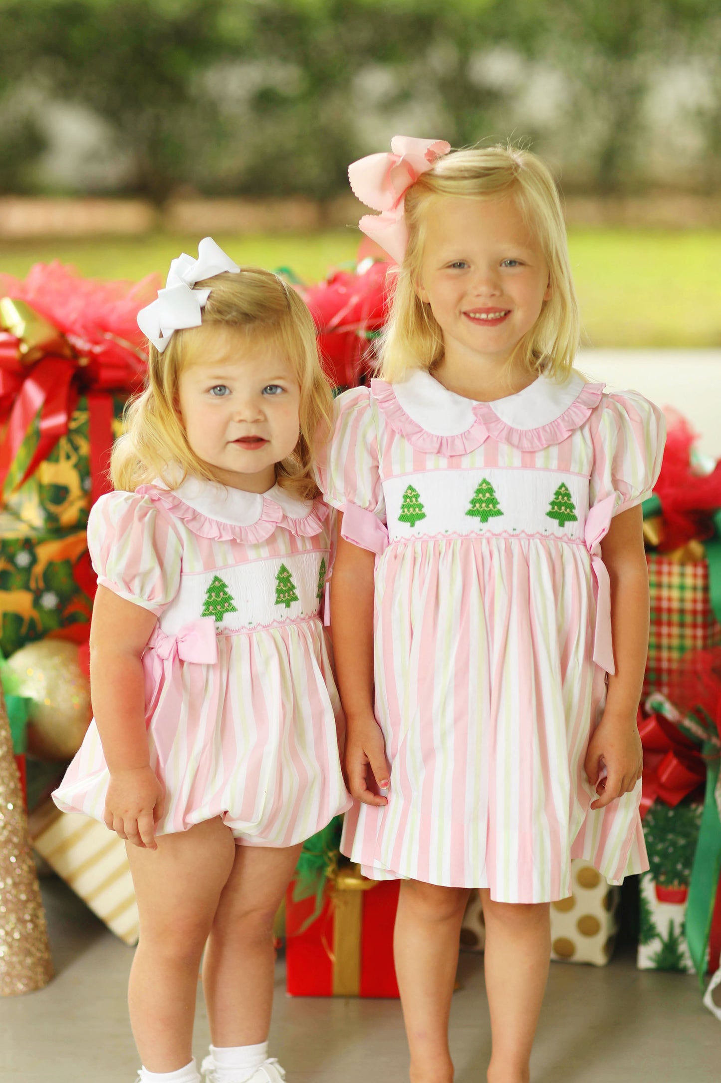 Christmas Tree Smocked Pink Stripe Ruffle Dress