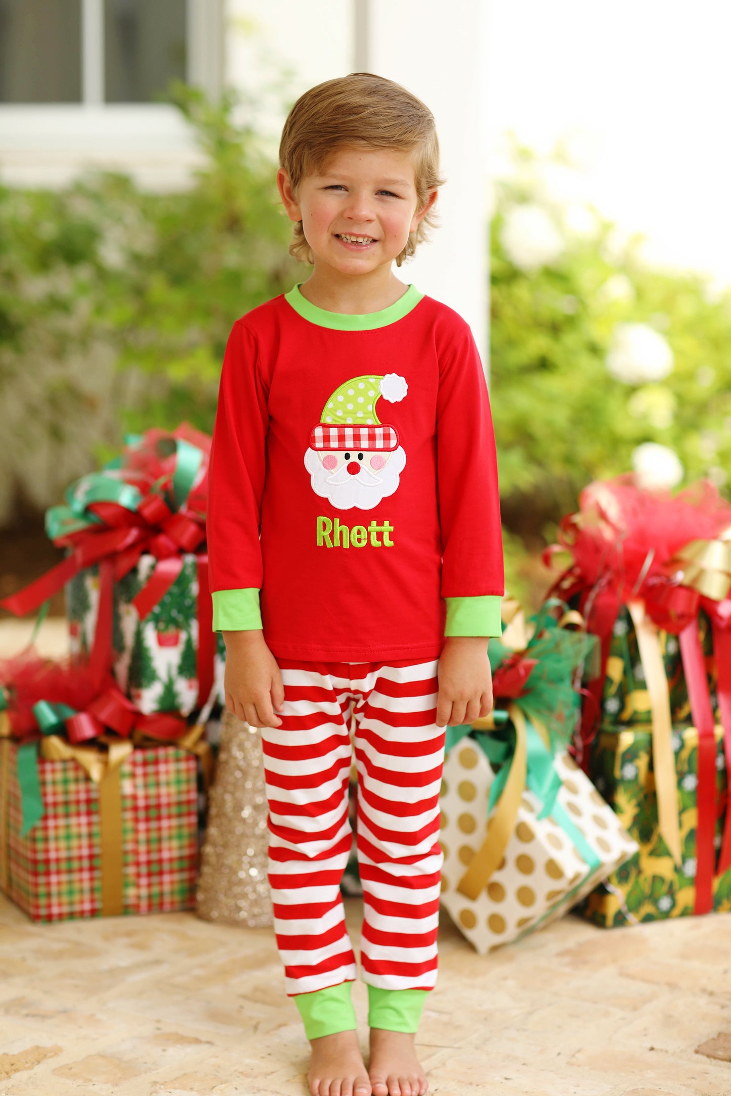 Santa Applique Red Stripe Green Trim Knit Pajamas