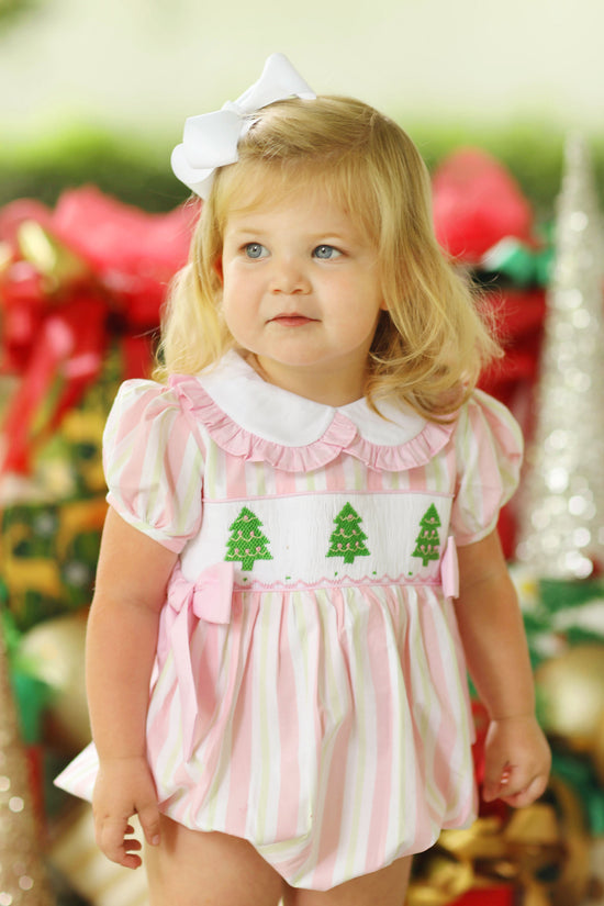 Christmas Tree Smocked Pink Stripe Ruffle Bubble