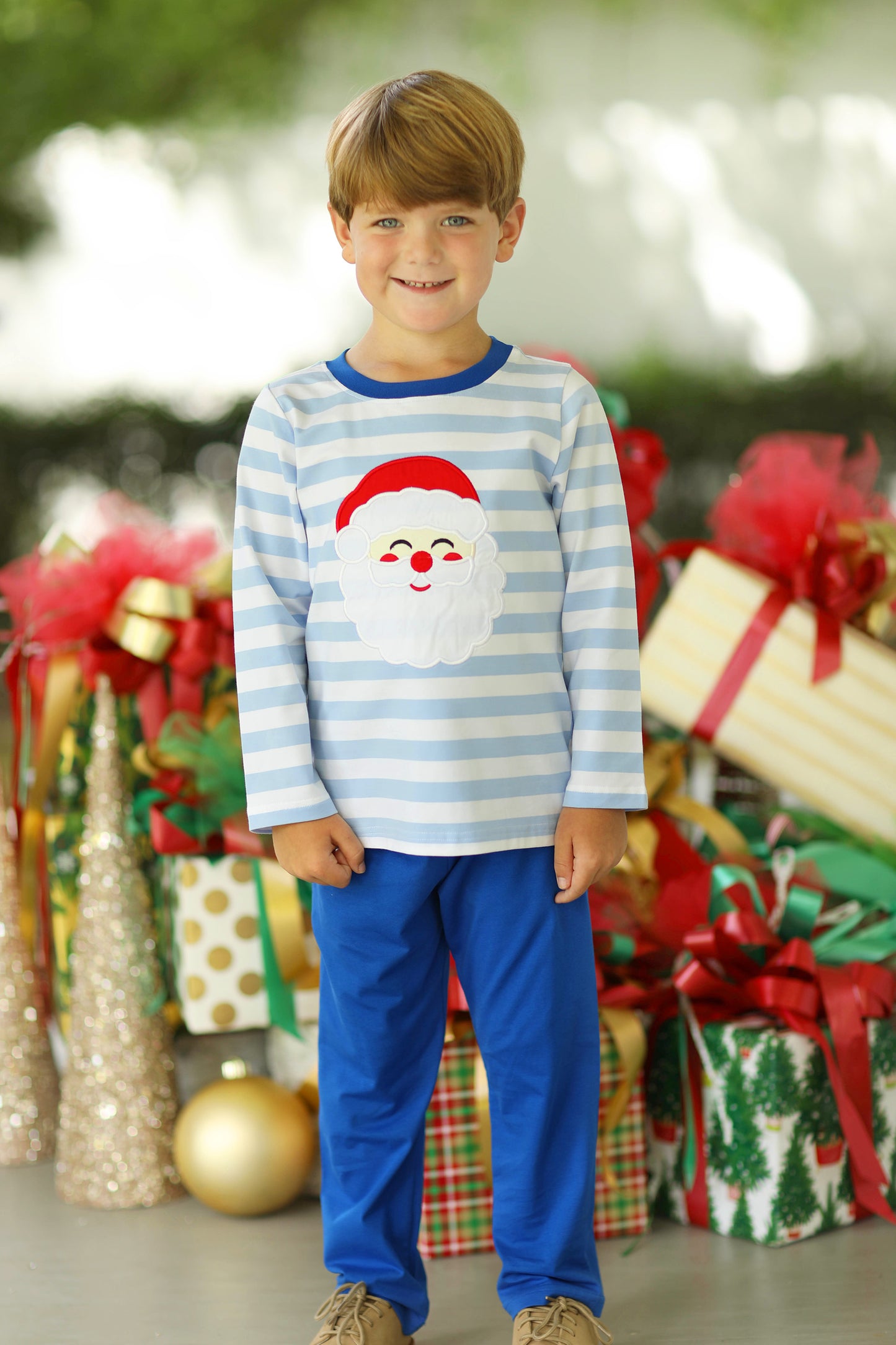 Santa Applique Blue Stripe Pant Set
