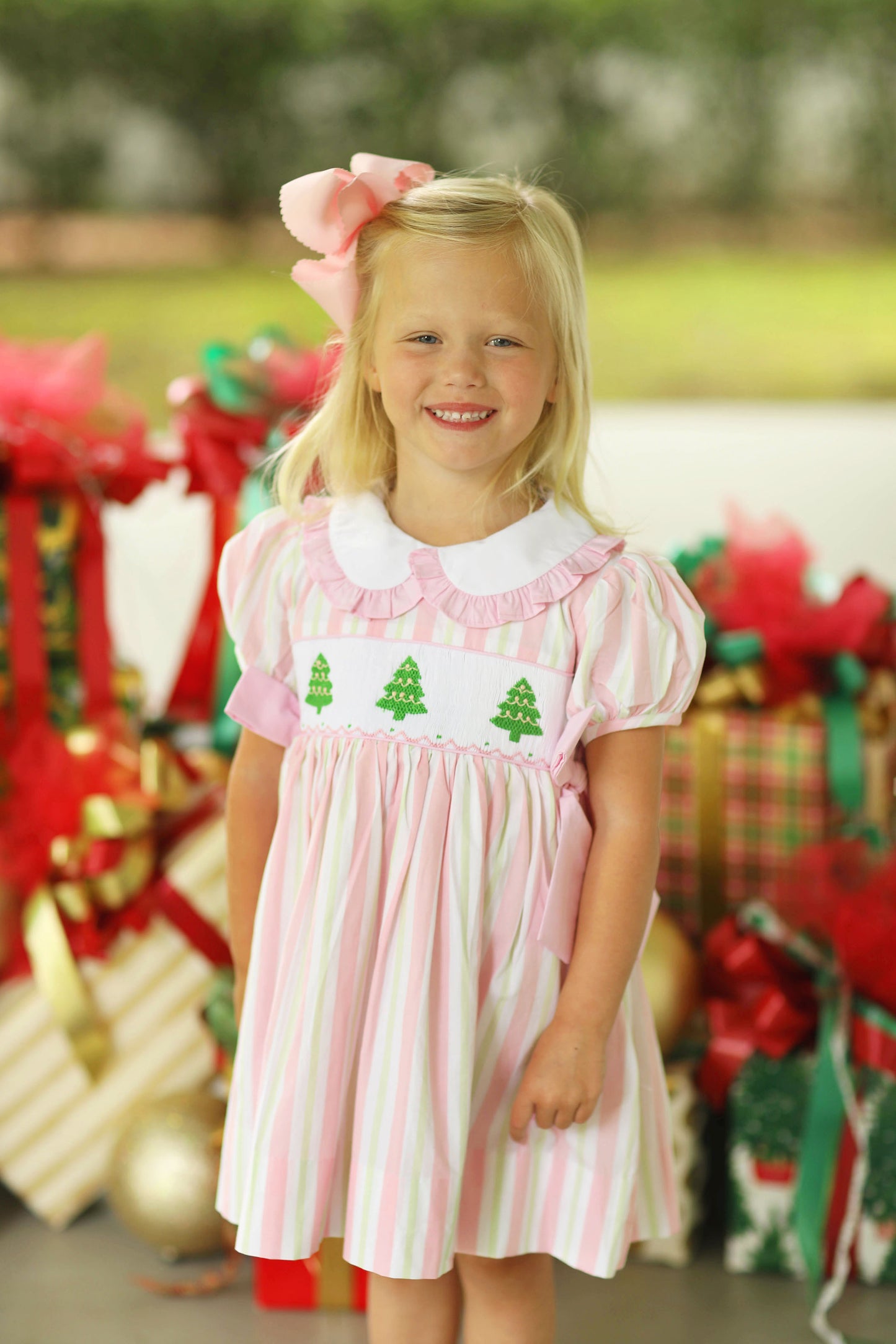 Christmas Tree Smocked Pink Stripe Ruffle Dress