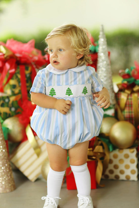 Christmas Tree Smocked Blue Stripe Boy Bubble
