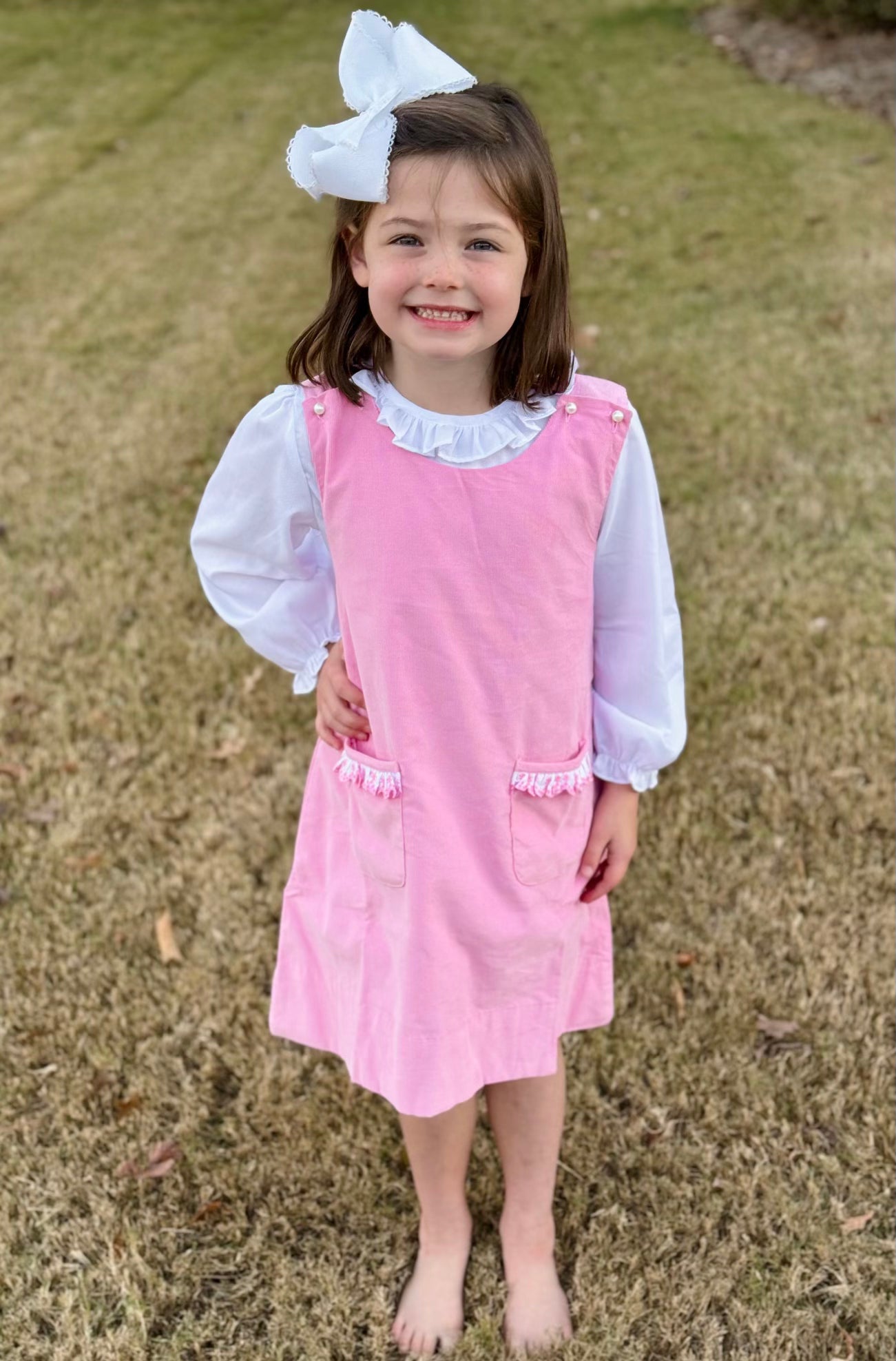 Pink Corduroy Jumper Set with Pearl Buttons