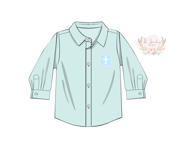 Cross Embroidered Seafoam Button Down Shirt