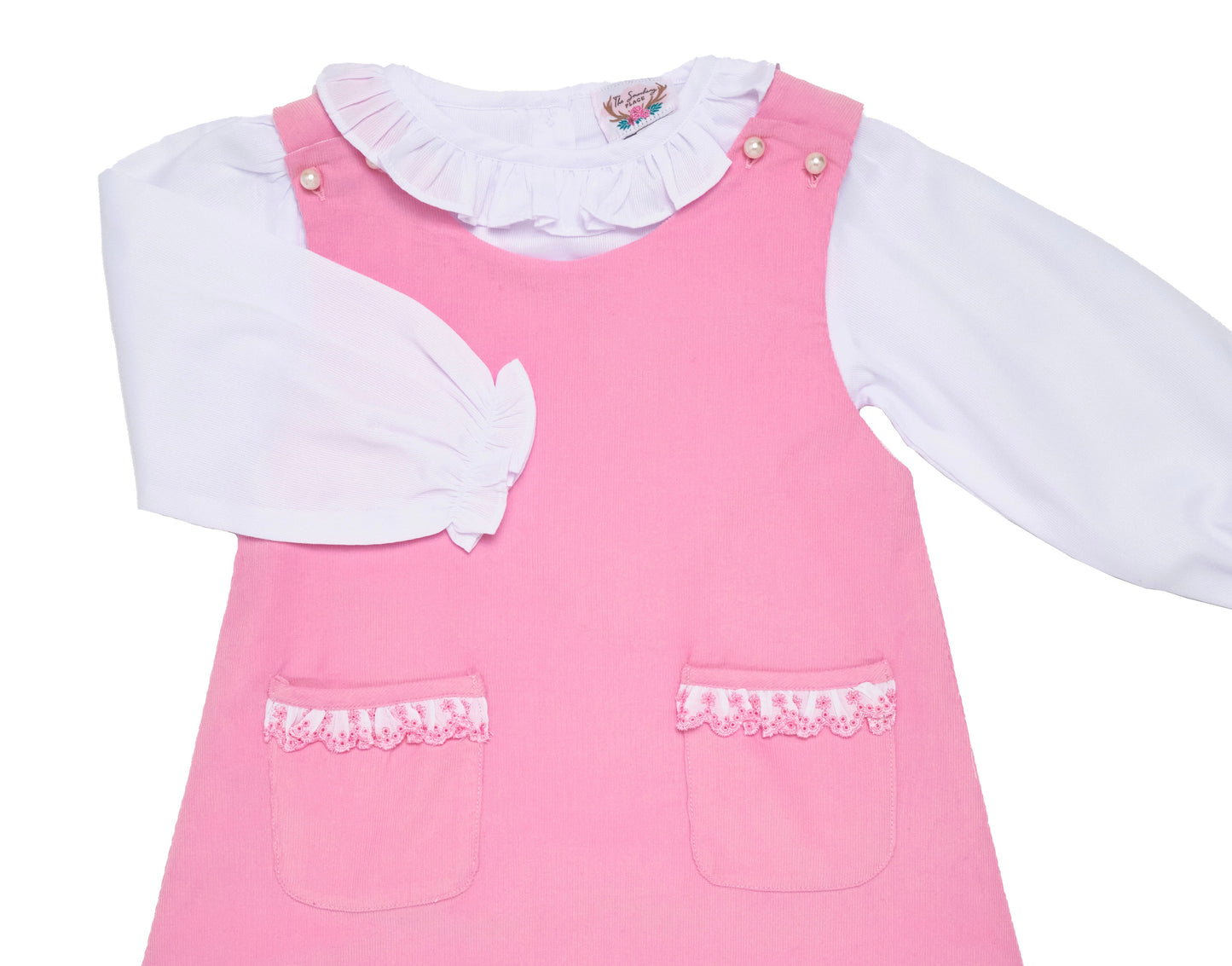 Pink Corduroy Jumper Set with Pearl Buttons