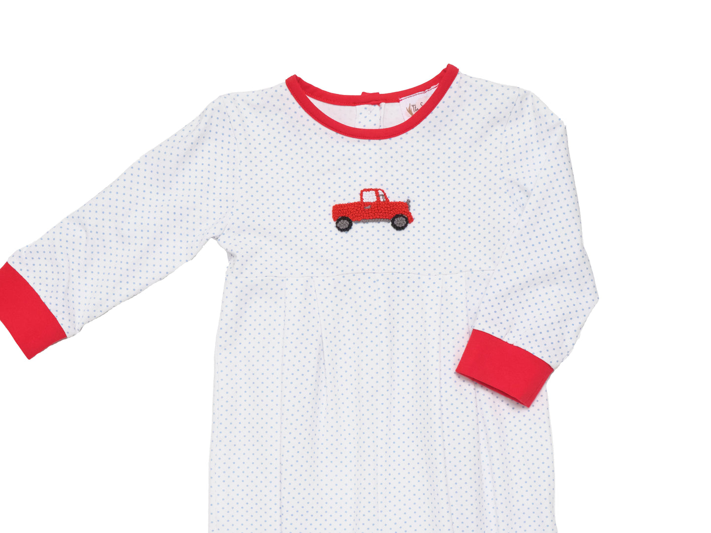 Red Truck French Knot Blue Bitty Dot Knit Romper