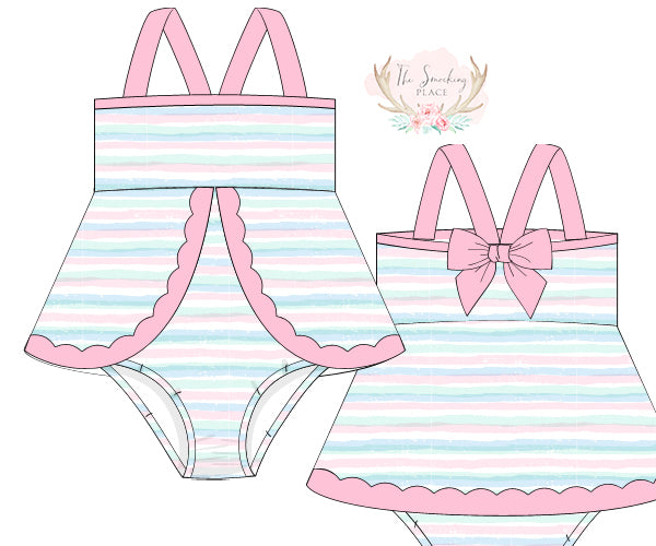 Watercolor Pastel Stripe Scalloped Swimsuit