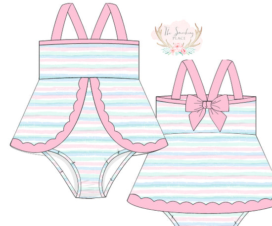 Watercolor Pastel Stripe Scalloped Swimsuit