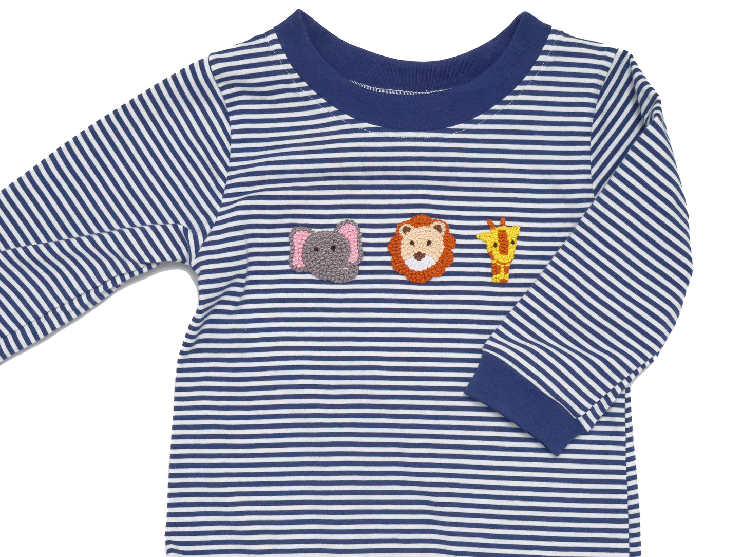 Zoo Animals French Knot Navy Stripe Knit Romper