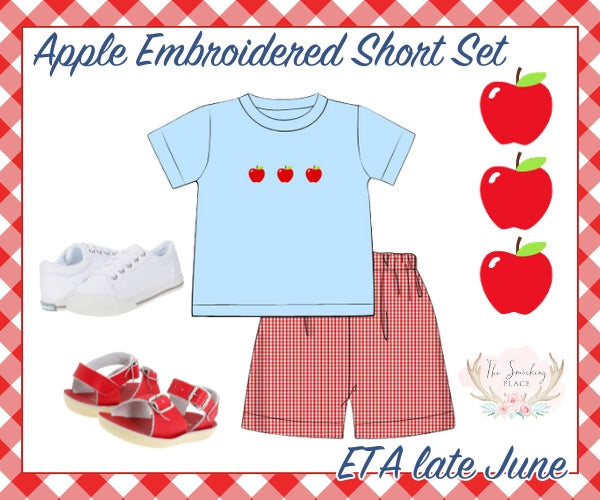 Apple Embroidered Red Gingham Short Set