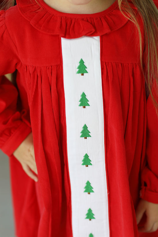 Tree Embroidered Red Corduroy Dress