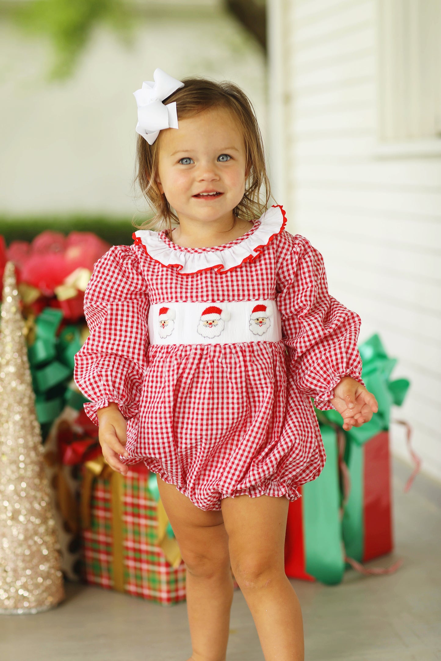 Santa Smocked Red Gingham Ruffle Bubble