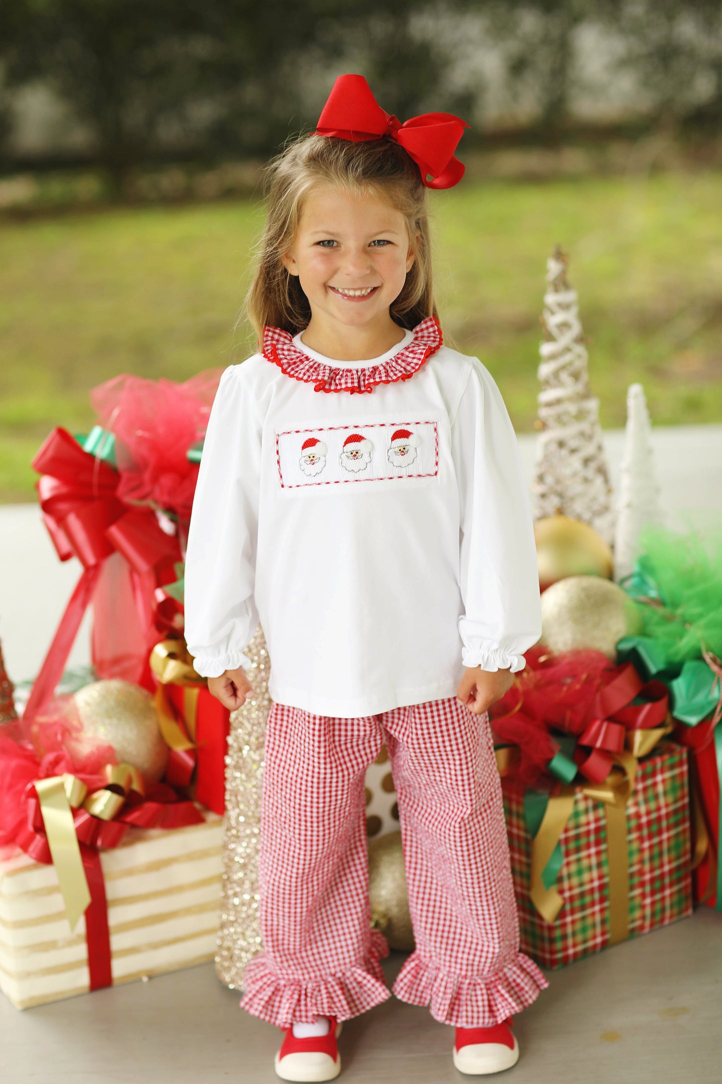 Santa Smocked Red Gingham Ruffle Pant Set