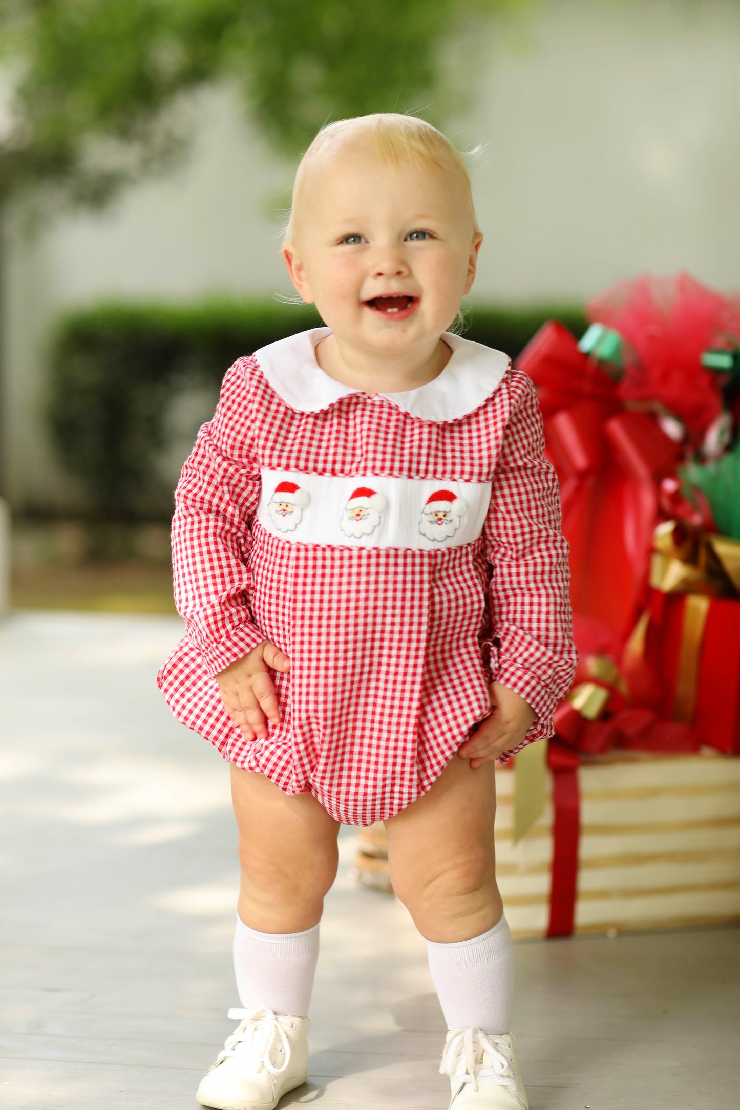 Santa Smocked Red Gingham Boy Bubble