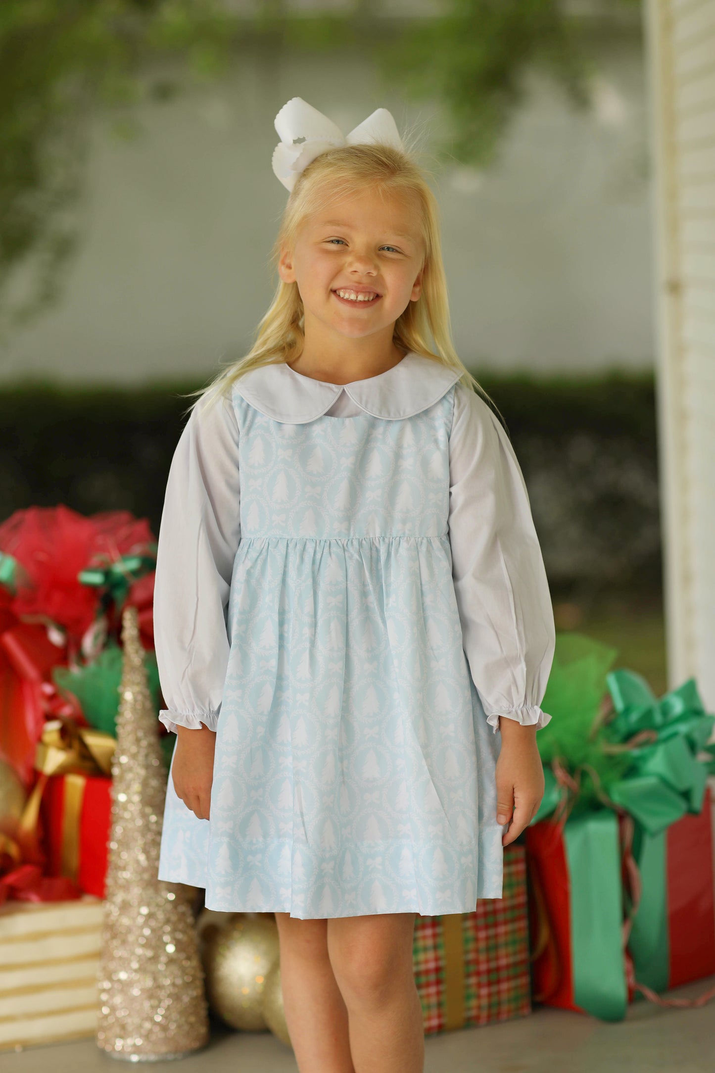 Light Blue Grandmillennial Christmas Tree Dress Set
