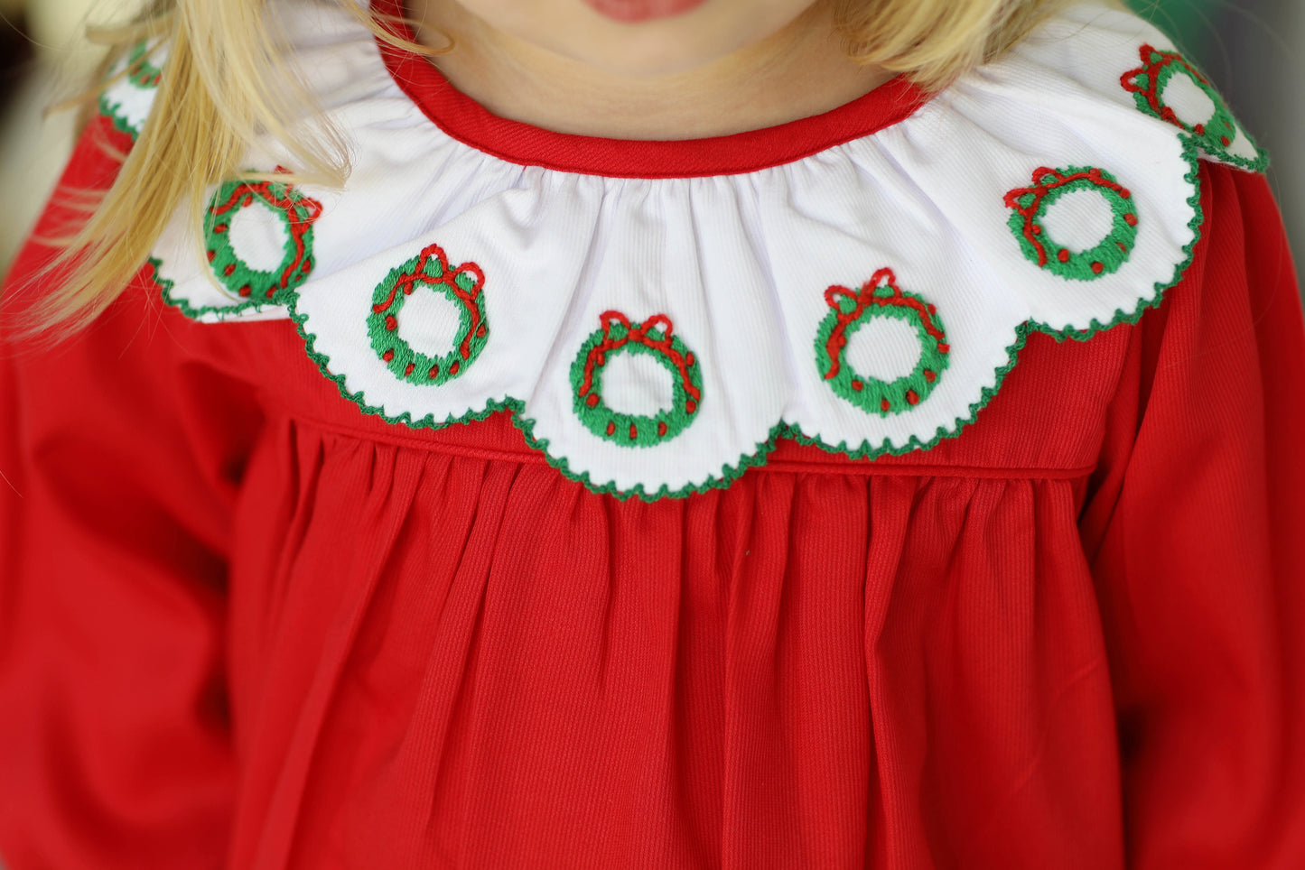 Wreath Embroidered Scalloped Collar Red Pique Dress