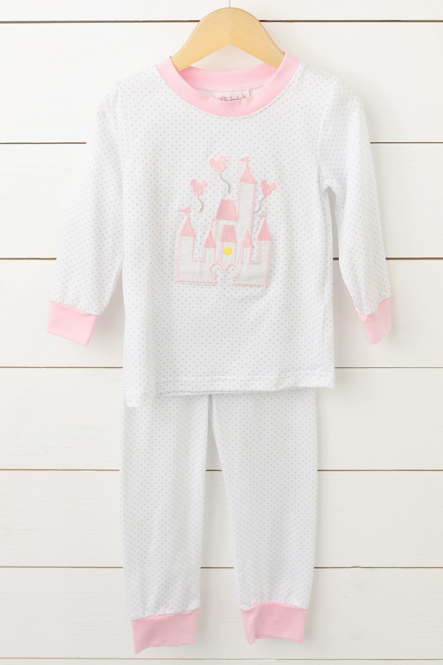 Castle Applique Blue Bitty Dot Pink Trim Knit Pajama Set
