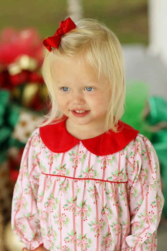 Bow Holly Print Red Collar Ruffle Bubble