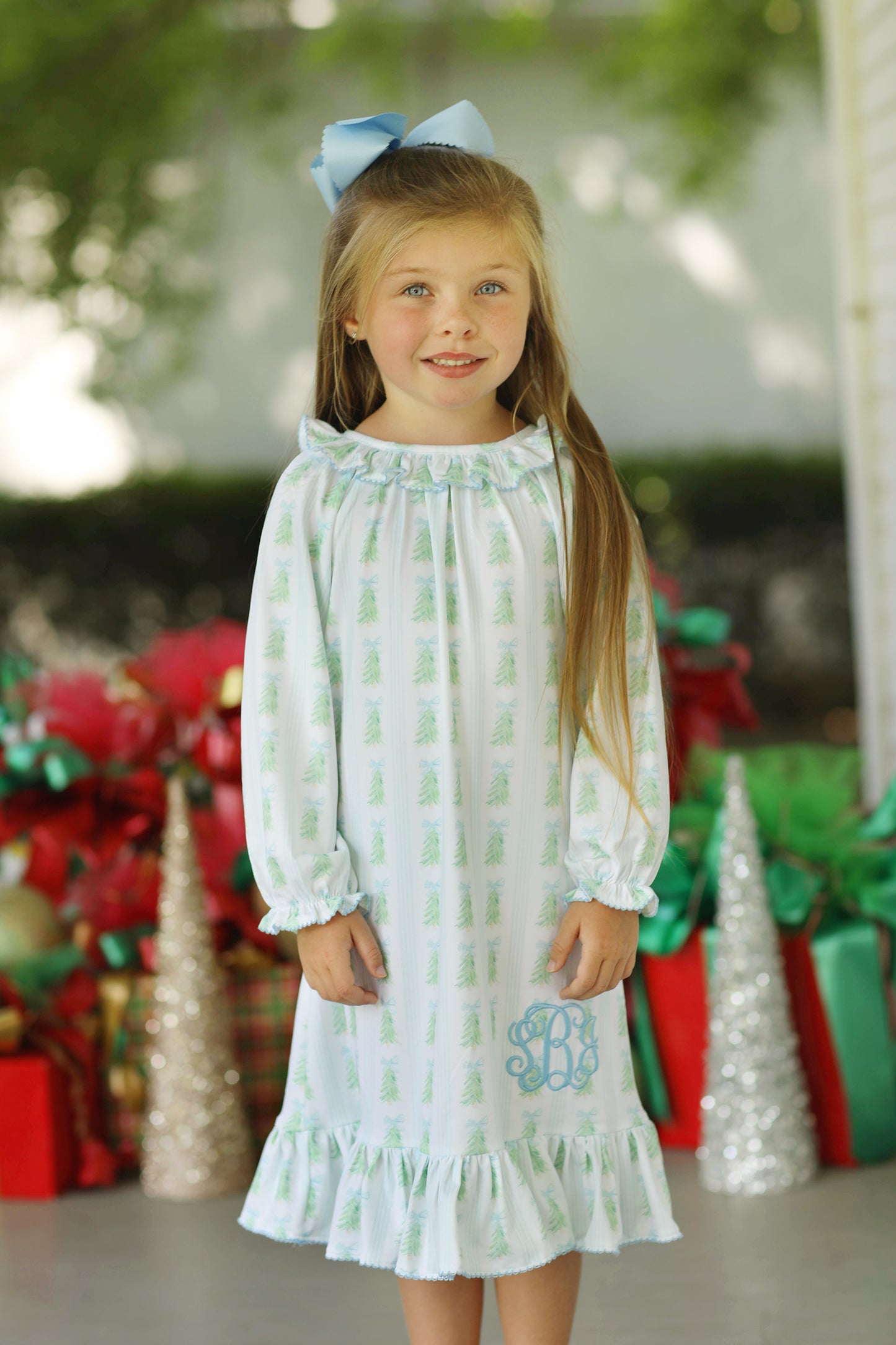 Watercolor Bow Christmas Tree Print Knit Nightgown