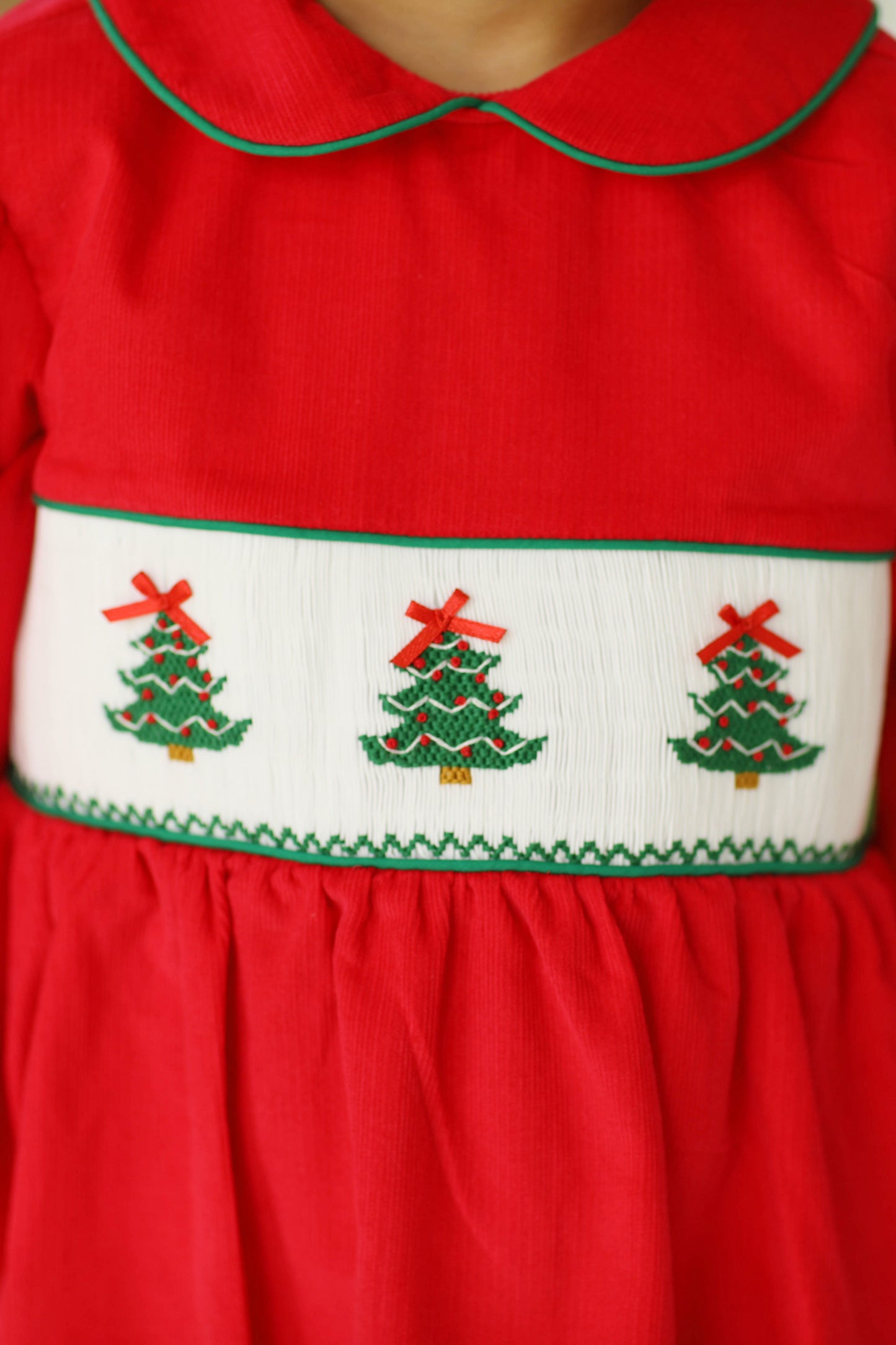 Christmas Tree Smocked Red Corduroy Dress