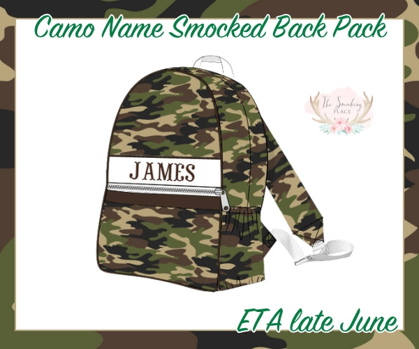 Camo Print Name Smocked Backpack