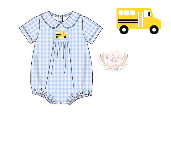 Load image into Gallery viewer, School Bus Smocked Blue Gingham Collared Boy Bubble
