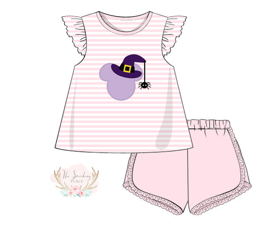 Witch Mouse Applique Pink Stripe Knit Short Set