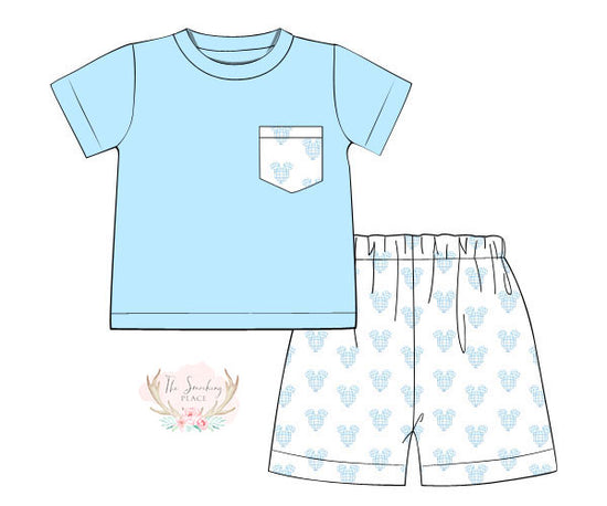 Load image into Gallery viewer, Mouse Print Blue Knit Pocket Short Set
