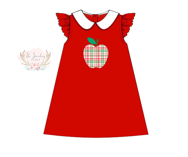 Red Green Plaid Apple Applique Red Angel Wing Dress