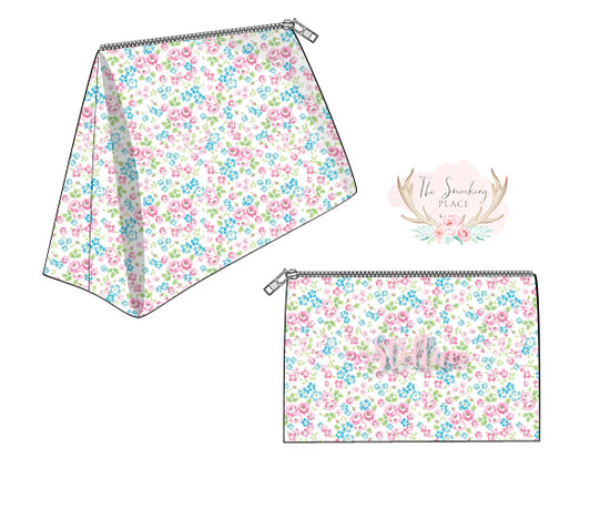 Pink Blue Floral Cosmetic Bag