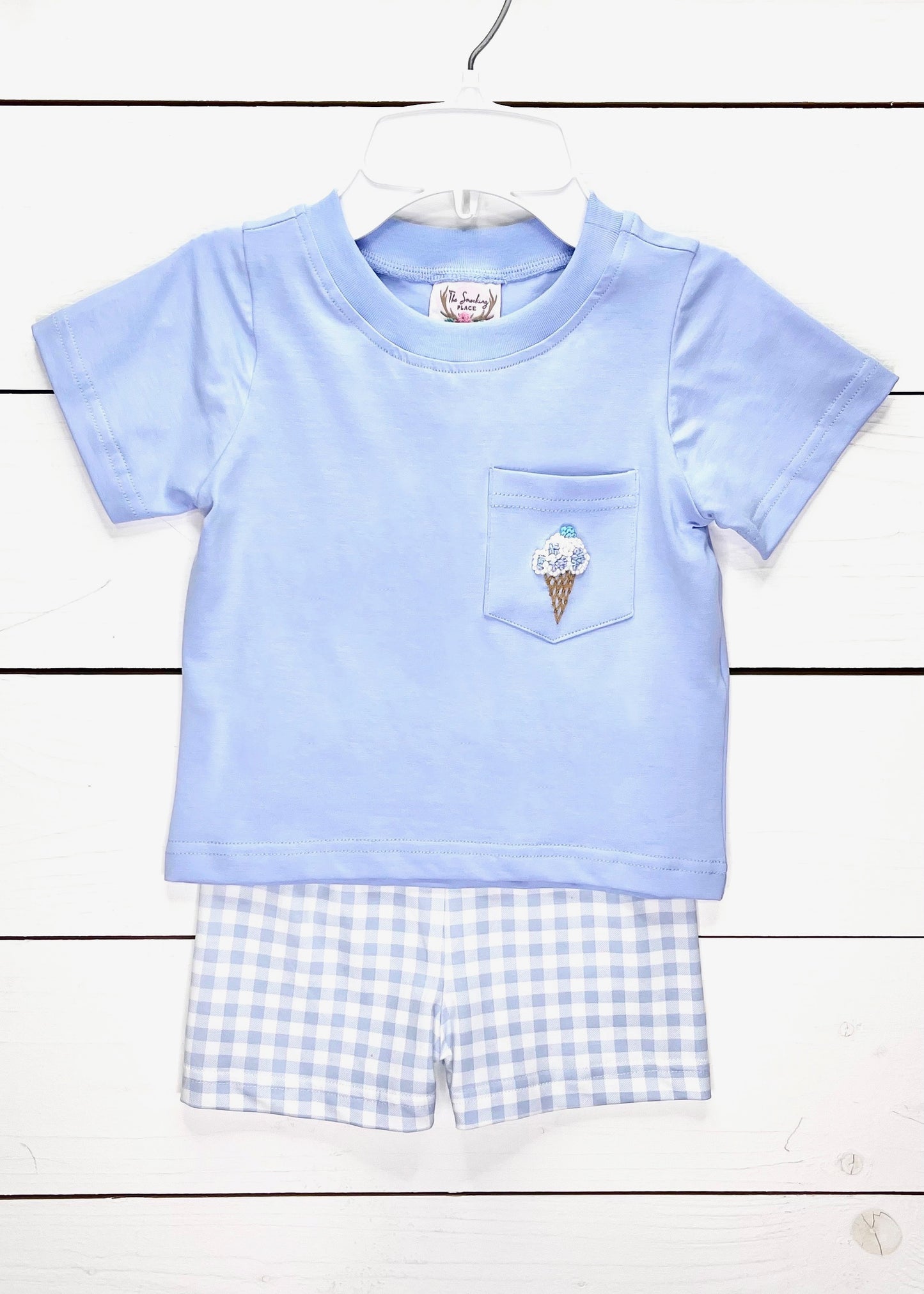 Ice Cream French Knot Knit Blue Gingham Short Set