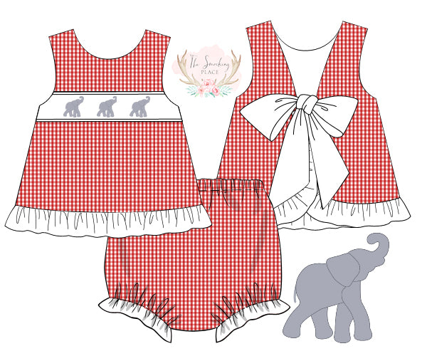 Elephant Smocked Red Gingham Tie Back Bloomer Set