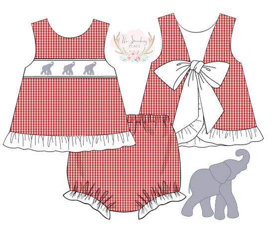 Elephant Smocked Red Gingham Tie Back Bloomer Set