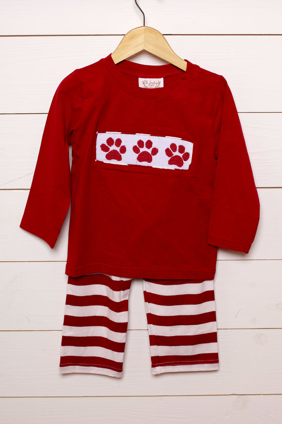Paw Print Smocked Knit Striped Pant Set