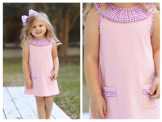 Load image into Gallery viewer, Knit Pink Dress with Purple &amp;amp; Pink Plaid Trim
